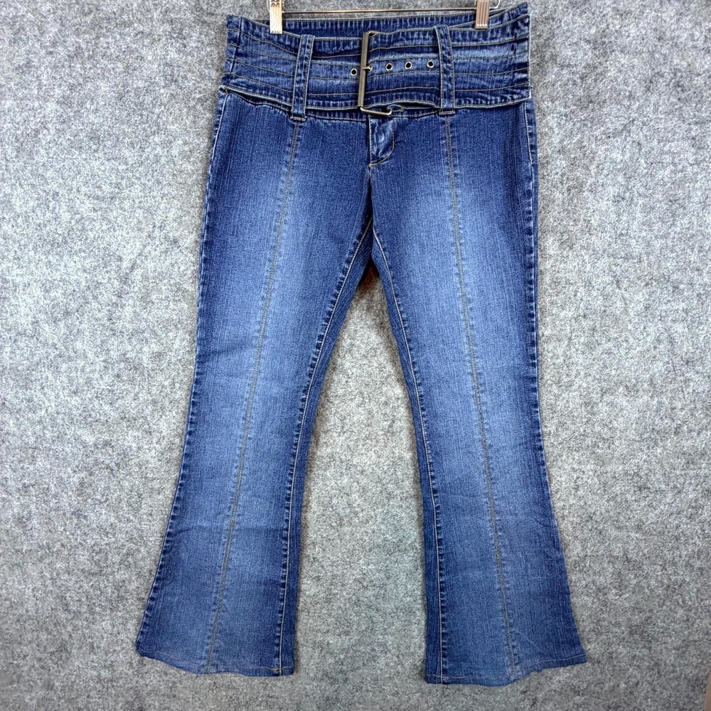 Blue Asphalt Jeans Womens 11 Blue Y2K‎ Flare Leg Belted Waist Denim Stretch